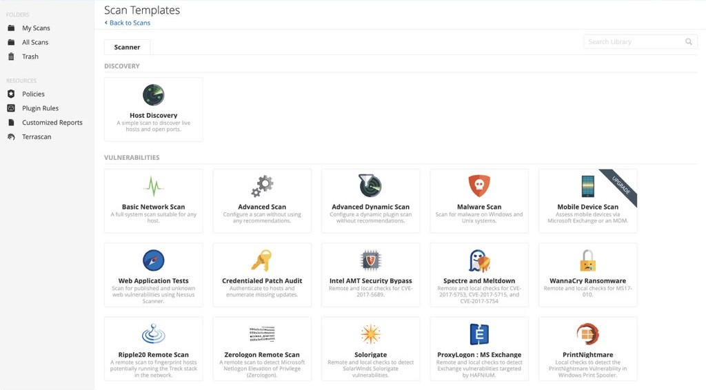 Screenshot of cybersecurity scan templates for website and network review work